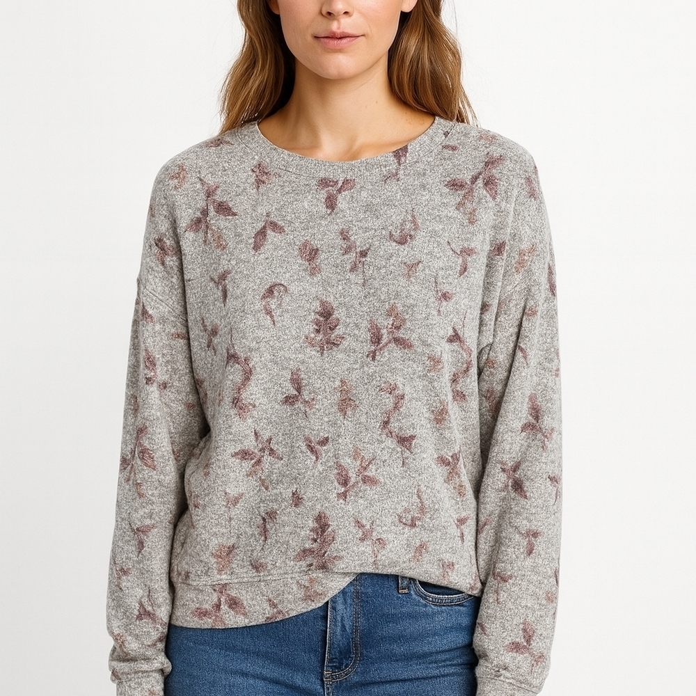 Reitmans Gray Floral Crew Neck Sweater Soft Casual Office Pink Purple Size Large